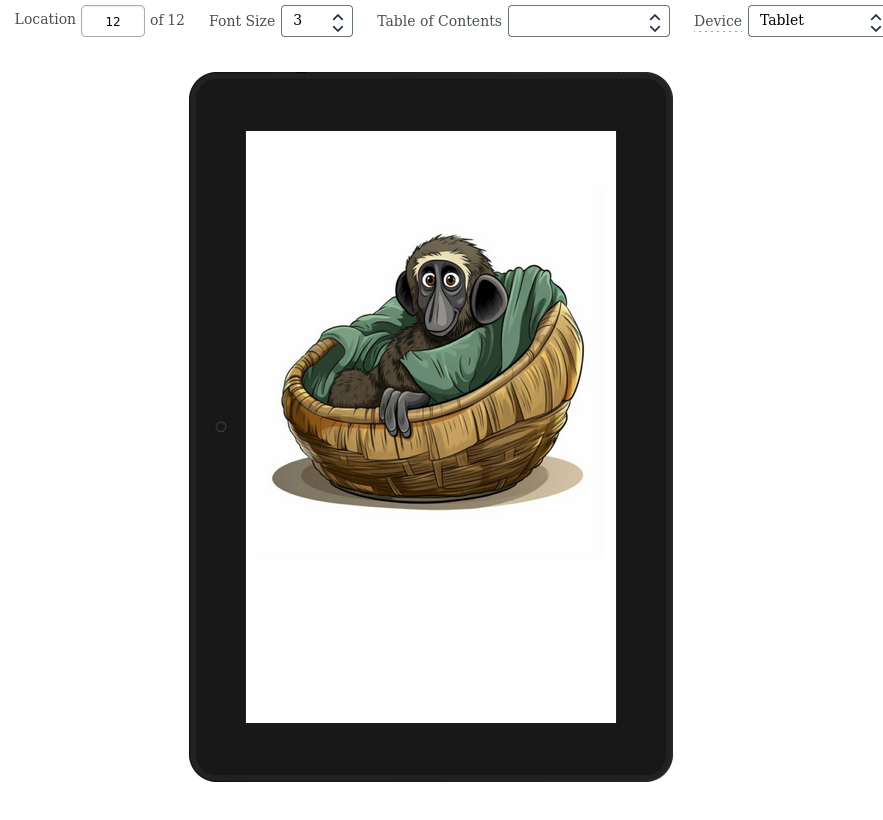 A screenshot of a kdp previewer with a full size image of a happy baboon