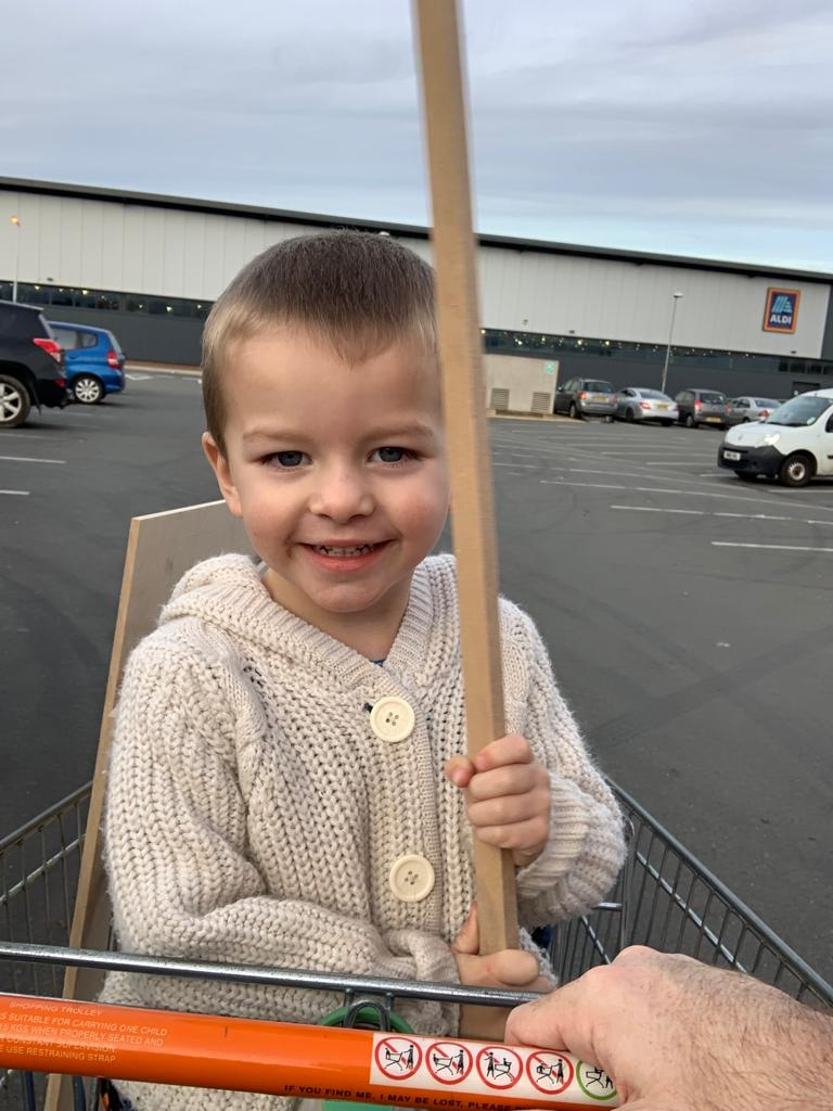 Leo at b&q in trolley with stick 