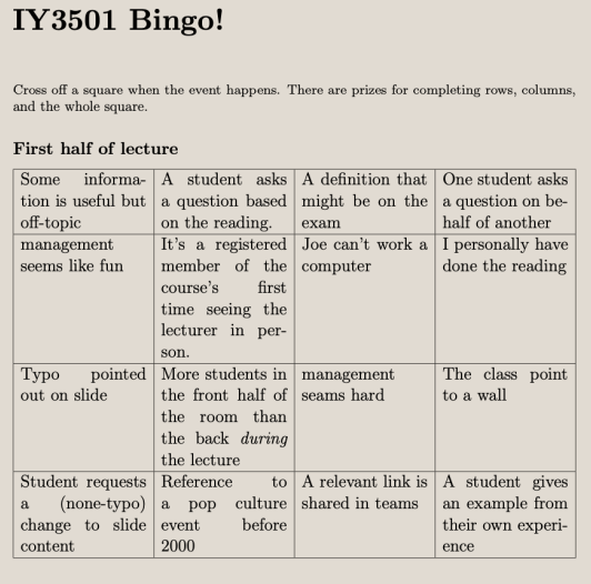 An example of a bingo card from the fourth lecture