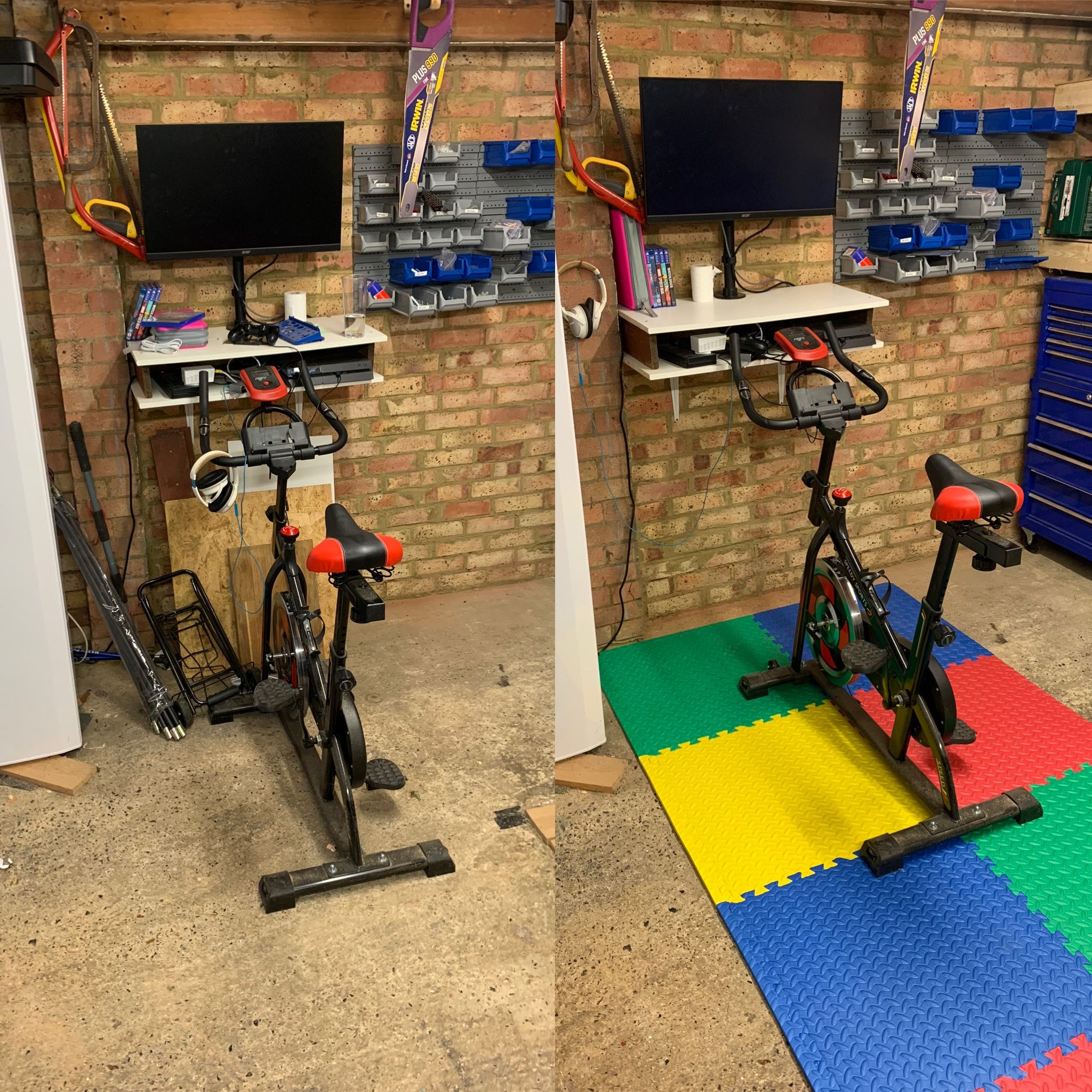 A before and after shot of bike and mats